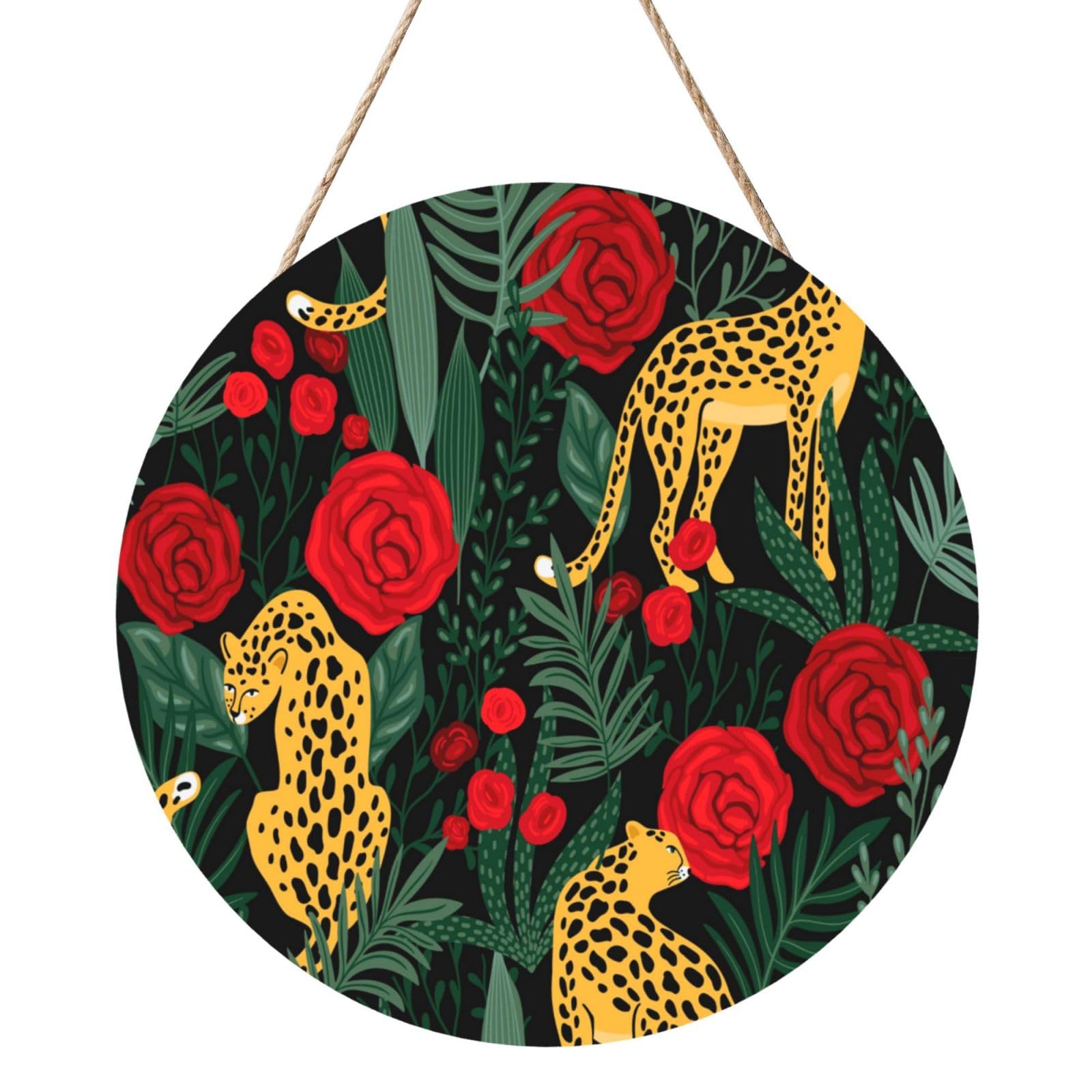 InOmak Seamless Pattern With Leopards And Roses, Round Wood Panel Painting 12 in, Wall Hanging Painting For Home