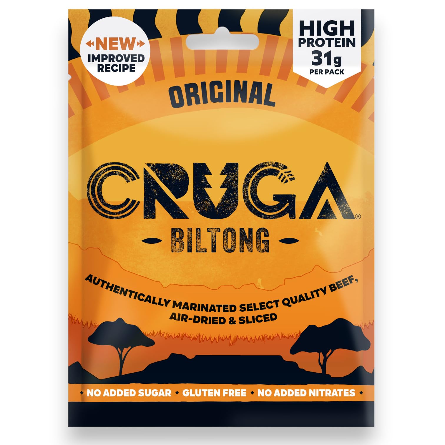 Cruga Biltong Mix Box 2 Sorten je 6 Tüten à 60g – Premium Rindfleisch Trockenfleisch – High Protein Snack über 50% Eiweiß – 6x Original & 6x Chilli