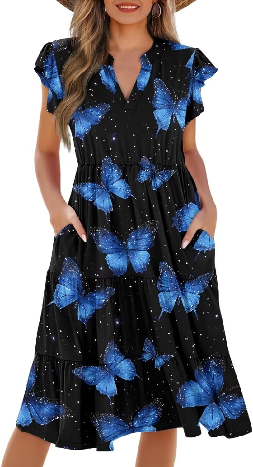 Biyejit Womens Summer Dress Ruffle Sleeve V Neck Tiered Midi Dress Casual Flowy Beach Vacation Sundress with Pockets S-2XL