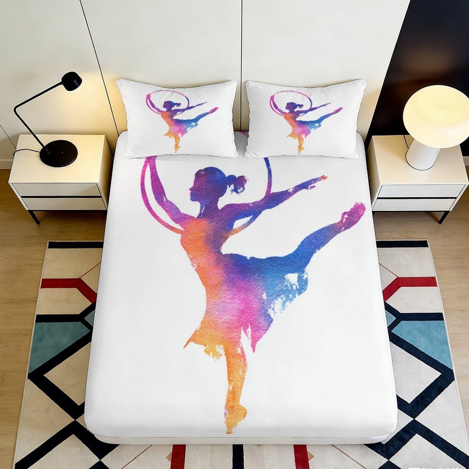 3D Printed Watercolor Ballerina Fitted Sheet Microfiber Soft Pink Blue Ballet Dance Mattress Cover Bedroom Decor 90x200x25cm