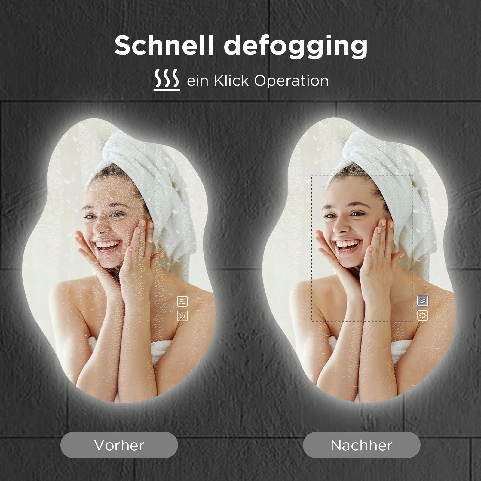 SANYCASA Intelligenter Badezimmerspiegel 80x55cm mit LED, Anti-Beschlag, bruchsicher, dimmbar, 3 Farbtemperaturen, asymmetrisch (horizontal/vertikal)