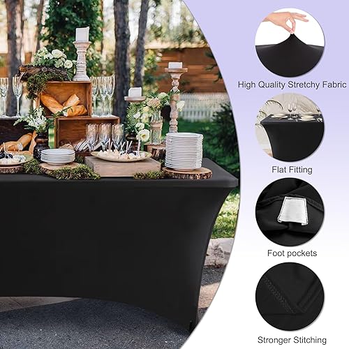 Miniatura 4 de ABCCANOPY Paquete de 2 manteles de elastano negro de 6 pies, elásticos, resistentes a las arrugas, reutilizables, para mesa plegable rectangular,