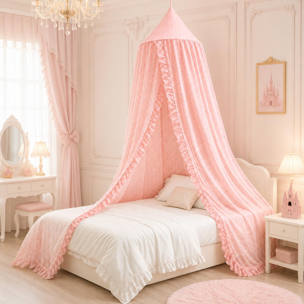 ZIQINPSQ Betthimmel für Mädchen und Kinder mit Pompon, Spitzen-Baldachin, Chiffon, Betthimmel, Bettvorhänge, Rüschen, Prinzessinnen-Leseecke für Mädchen, Raumdekoration (Rosa)