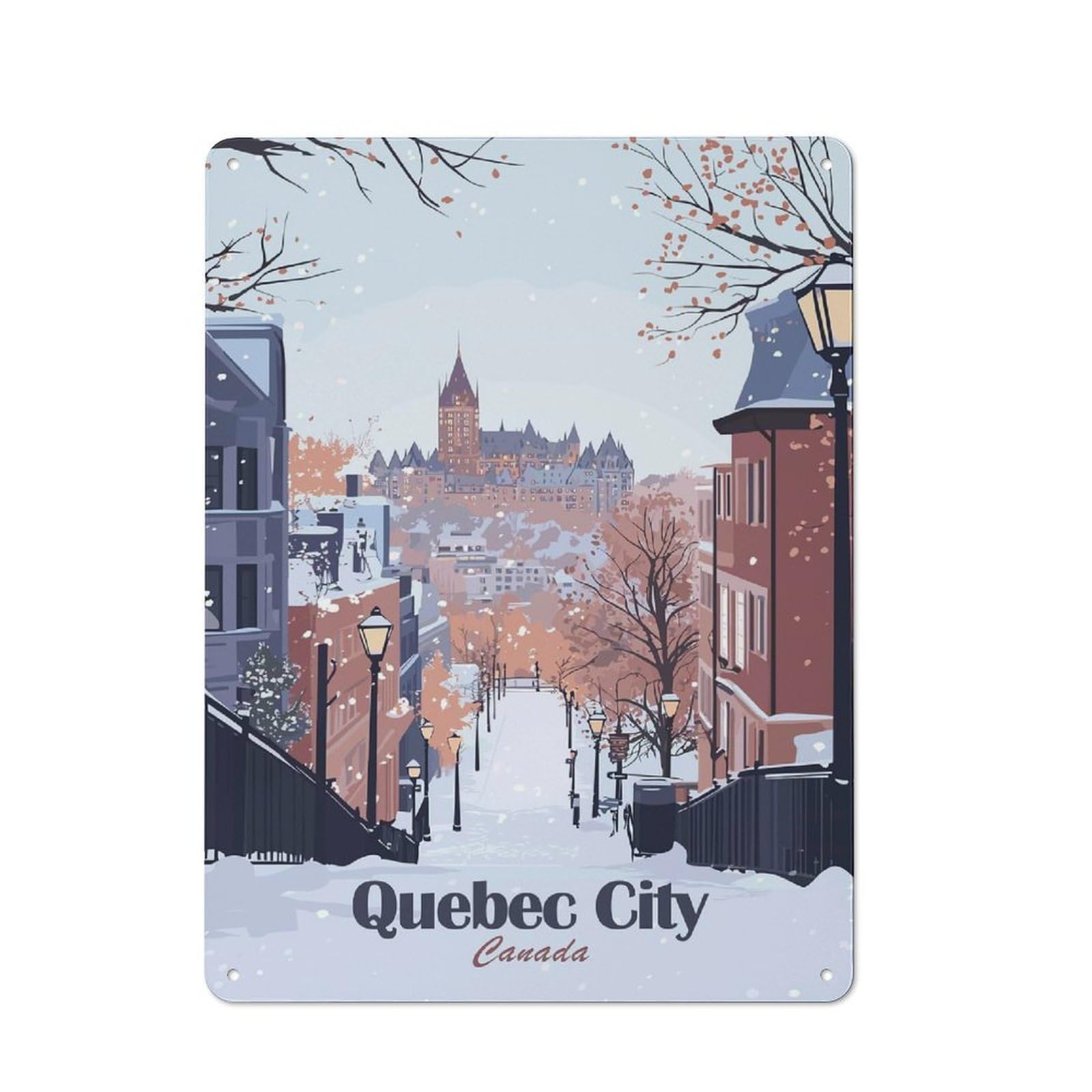 Junmoney Style Quebec City Winter Scene Illustration Retro Tin Wall Plaque 40X30cm For Hobby Room Or Studio, For Garage, Workshop And Man Cave Decoration
