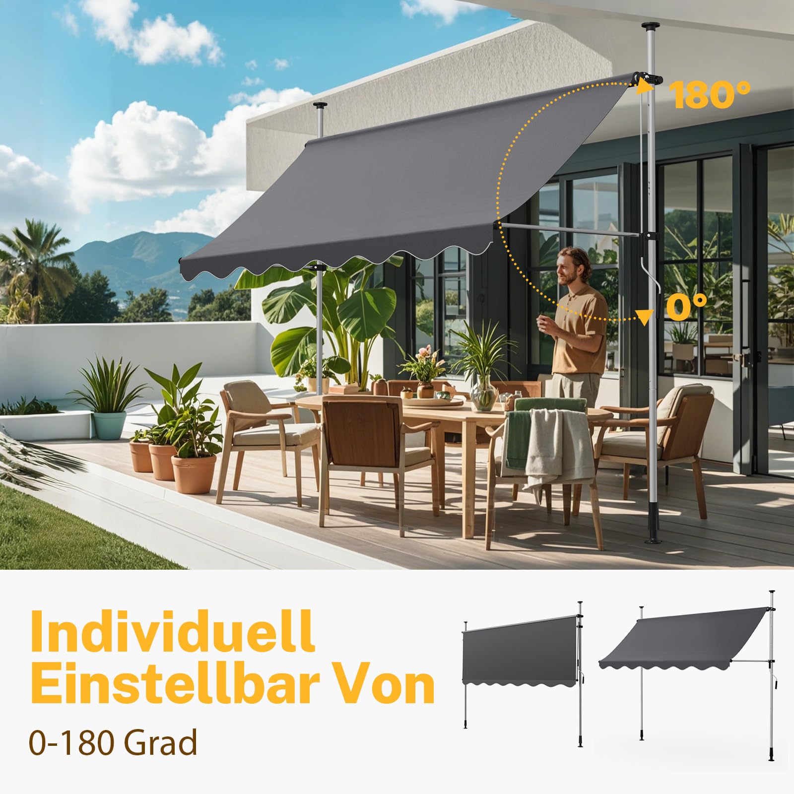 Klemmmarkise Sonnenschutz, Dein Flexibler Schattenspender, Markise Balkon ohne Bohren 300 cm Breit, Markise Balkon Höhenverstellbar & Winkelverstellbar & UV-beständig & Wetterfest (Anthrazit)