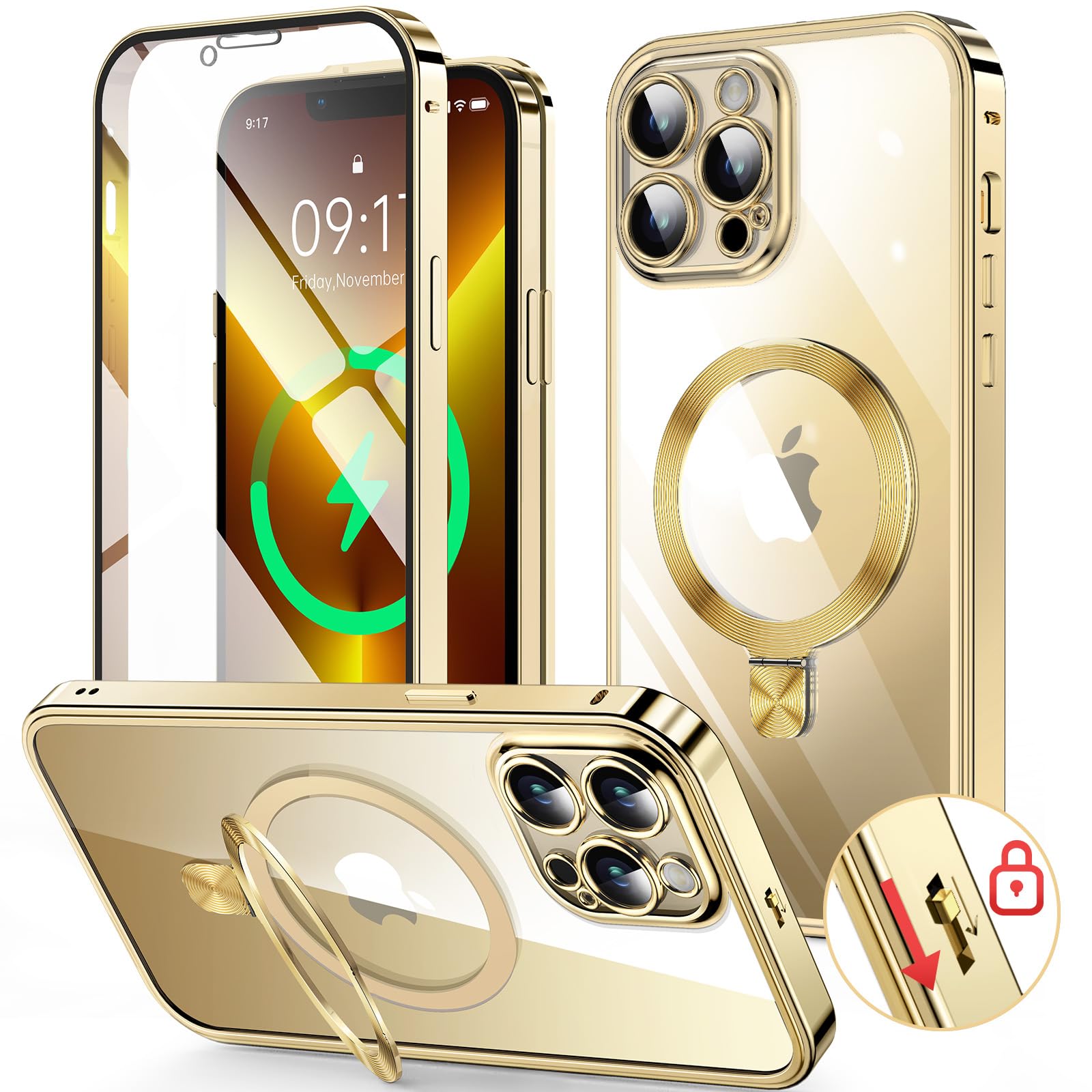 HGUTREY【スタンド機能付き・アクションボタン】 iPhone13 Pro Max 用 ケース クリア ロック付き【CDリング・MagSafe対応】 9H強化ガラス PC背面 カメラレンズ保護 アイフォン13プロマックスケース 両面 ストラップホール付き アルミバンパー メタルフレーム 高感度タッチ ワイヤレス充電対応 アイホン13 Pro Max 用 カバー 6.7インチ（ゴールド）