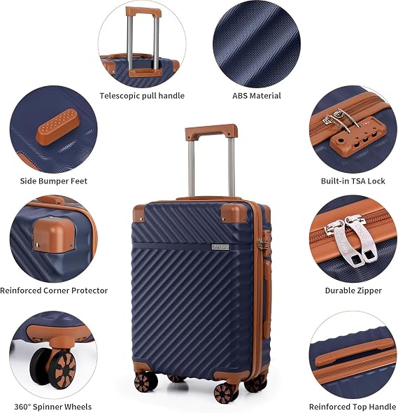 Cosbarn Luggage Sets 5 Piece with TSA Lock Spinner Wheels, Unisex Hard Case ABS Suitcase Set, Hardshell Lightweight Waterproof Travel Hardside Suitcases with Wheels for Women Men, Dark Blue