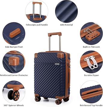 Cosbarn Luggage Sets 5 Piece with TSA Lock Spinner Wheels, Unisex Hard Case ABS Suitcase Set, Hardshell Lightweight Waterproof Travel Hardside Suitcases with Wheels for Women Men, Dark Blue