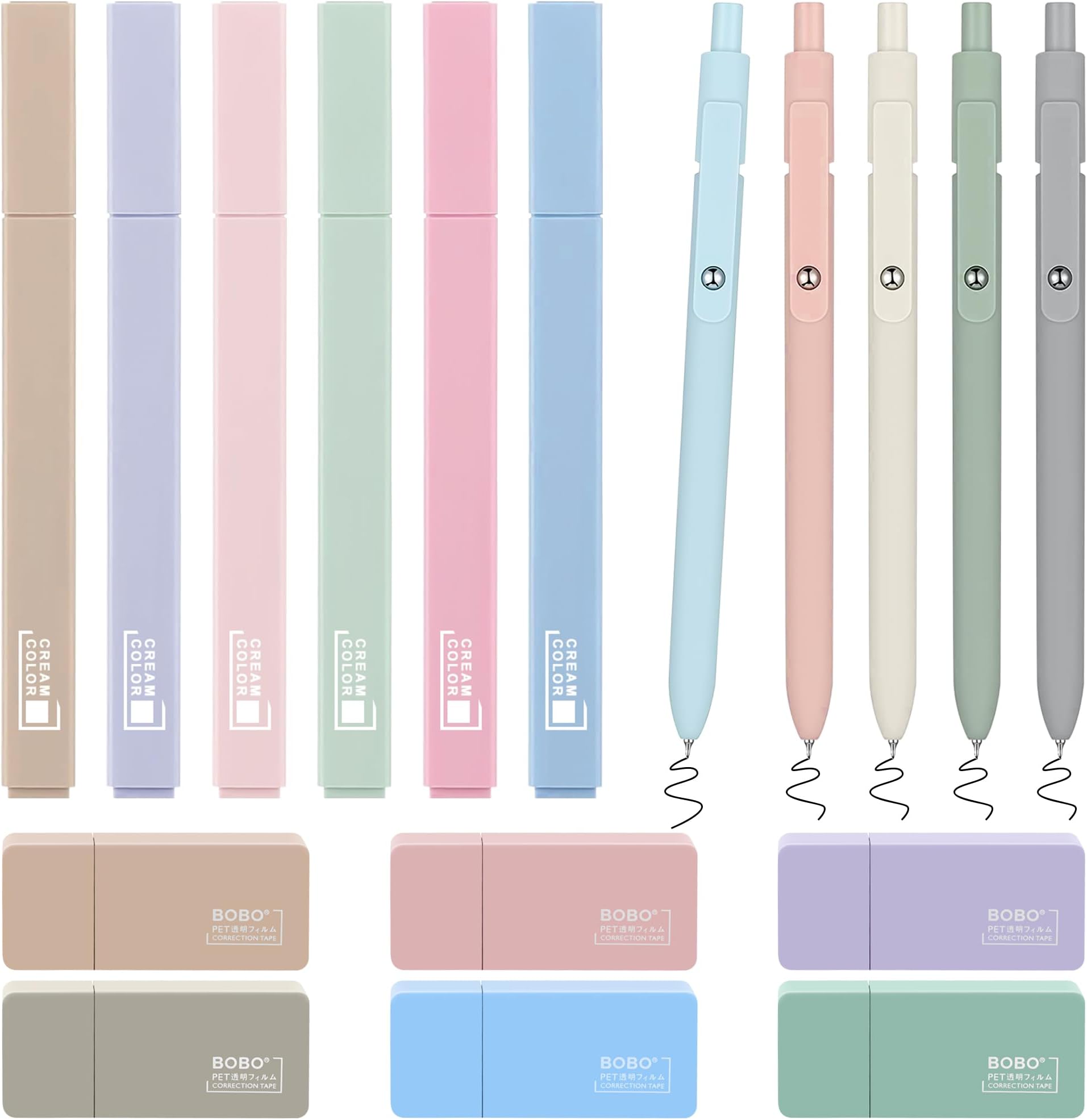 COZCLAM 17 Highlighter Pastel Set, 6 Pens Aesthetic No-Bleed Marker Pens, 5 Black Gel Pens and 6 Correction Rollers, School Supplies Aesthetic School Bible Accessories for Journal, Bible, Office