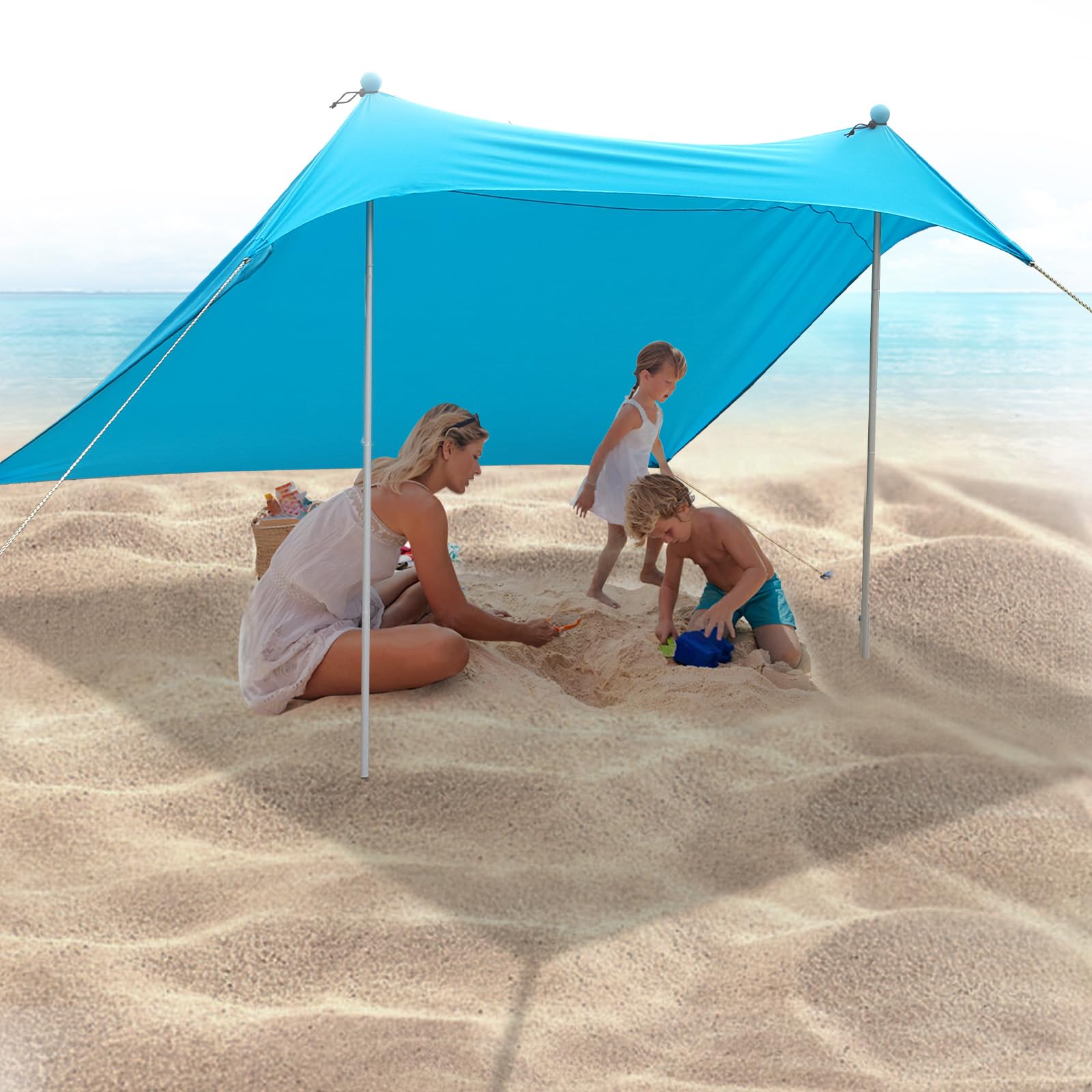 JAICOM Strandzelt, 2.1x2.1m Strandmuschel, UPF50+ UV-Schutz und Wasserdicht Sonnensegel, Mit Sandschaufel, Aluminiumstange, Heringen, Geeignet für Strand Schatten, Garten, Camping Verwenden