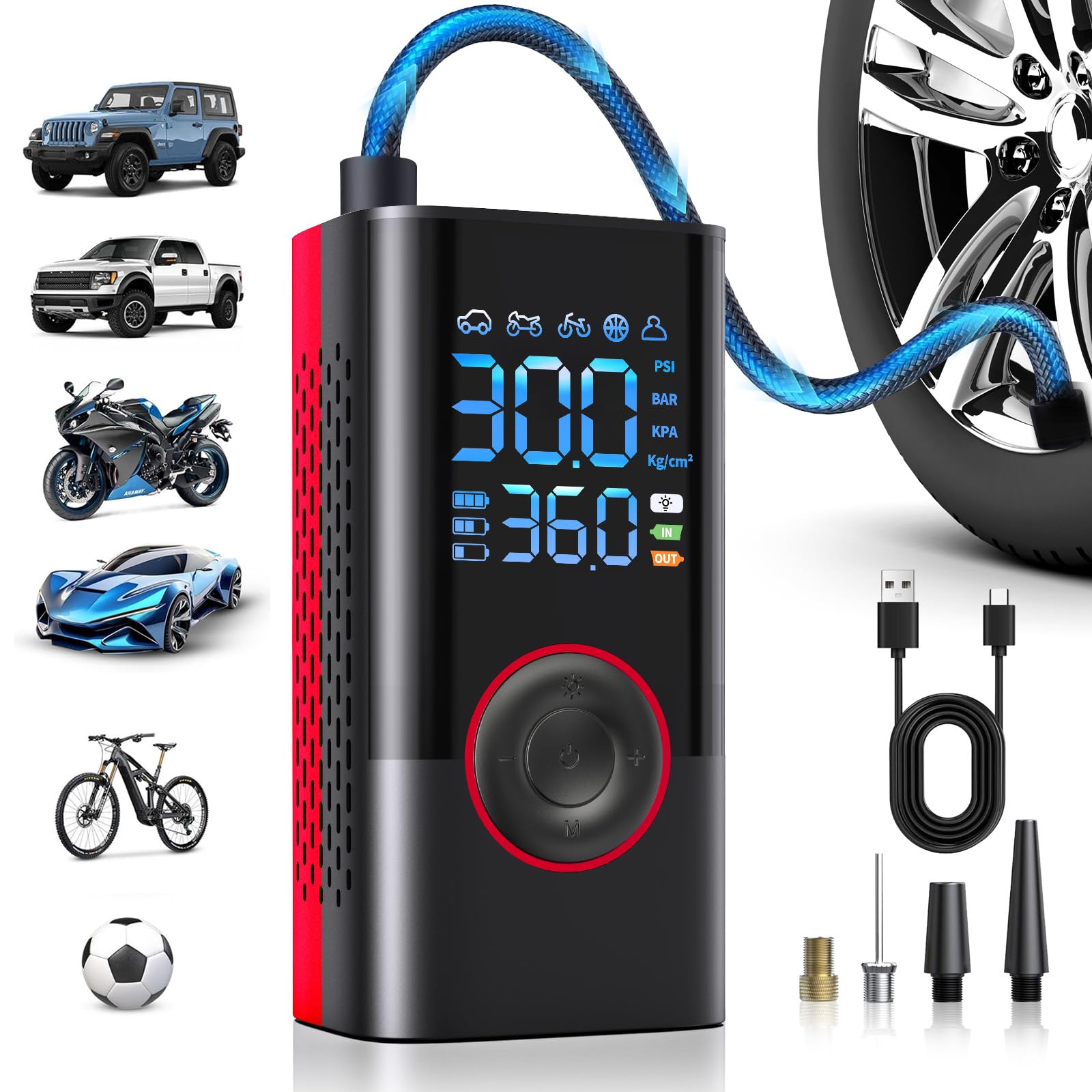 Tire Inflator Portable Air Compressor Portable Cordless Mini Air Pump with Digital Pressure Gauge Inflater 150PSI Fast Inflation and Auto Shutoff Function Tires Pump for Cars Motorcycles Bikes (Red