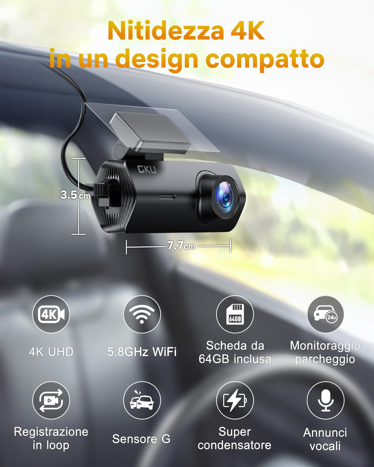 GKU Dash Cam Auto 4K,Dash Cam con UHD 2160P,DashCam Auto con WiFi integrato,Scheda SD 64G,24H Parking Monitor DashCam,Super Visione Notturna,170°Grandangolo,WDR,G-Sensor,Registrazione in Loop,Max 256G