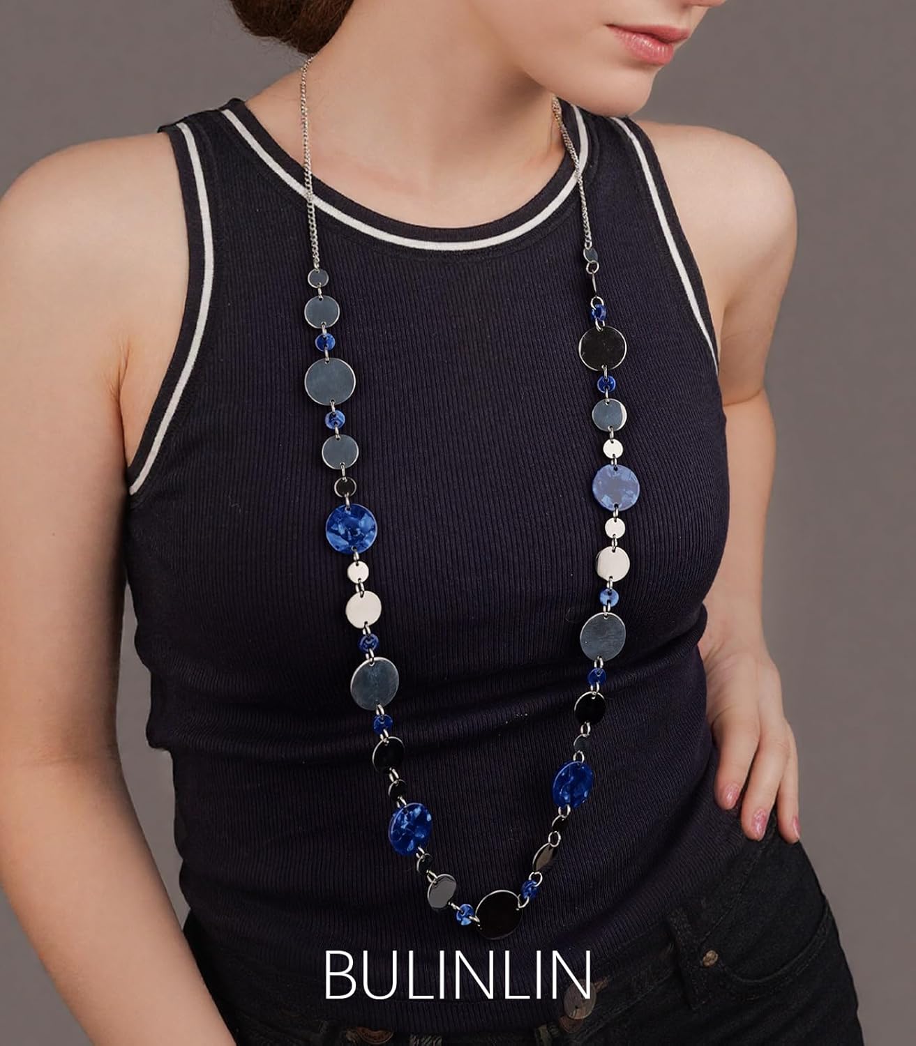 BULINLIN Layered Silver Long Necklace for Women Turquoise Stone Beaded Strand Sweater Chain Necklaces Fashion Costume Jewelry Gifts for Mom - Image 4