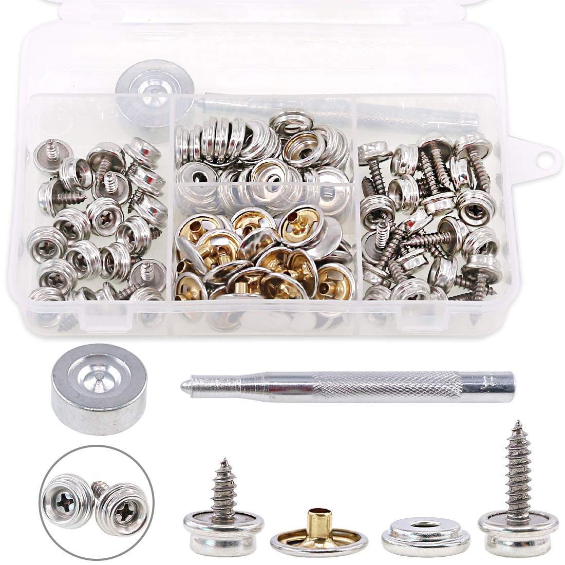 Hilitchi 120Pcs Silver [2Sizes] Fastener Screw Snaps Marine Grade 3/8