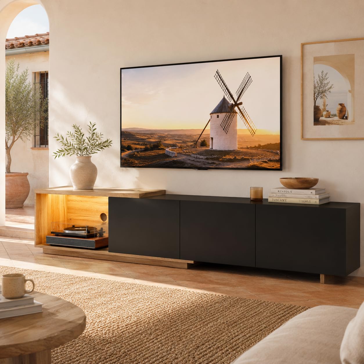 TV-Schrank Lowboard 163cm-240 cm mit Beleuchtung, Fernsehtisch, Fernsehschrank mit 3 Schublade, Ausziehbarer TV-Ständer, Wohnzimmermöbel,Hochglanz Schwarz und Natur Holzmaserung,240x38x44cm