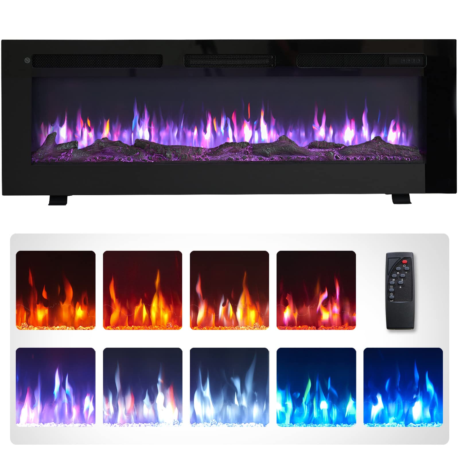 FLAMEKO Wilton,Chimenea eléctrica 3 en 1 de 127 cm, independiente, montaje en pared, empotrada, efecto de llama de 9 colores, compatible con pared multimedia,1800 W, control remoto