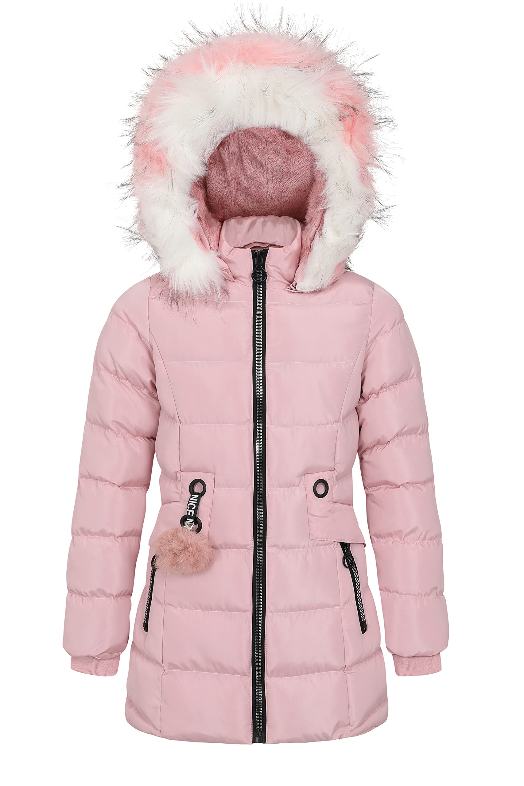 Carbone Fashion Cappotto Puffa Giacche Giubbotto Bambina, Lunghezza Media, con Zip Metallica, con Pelliccia Rosa (CFW1915-Pink) Rosa età 9-10