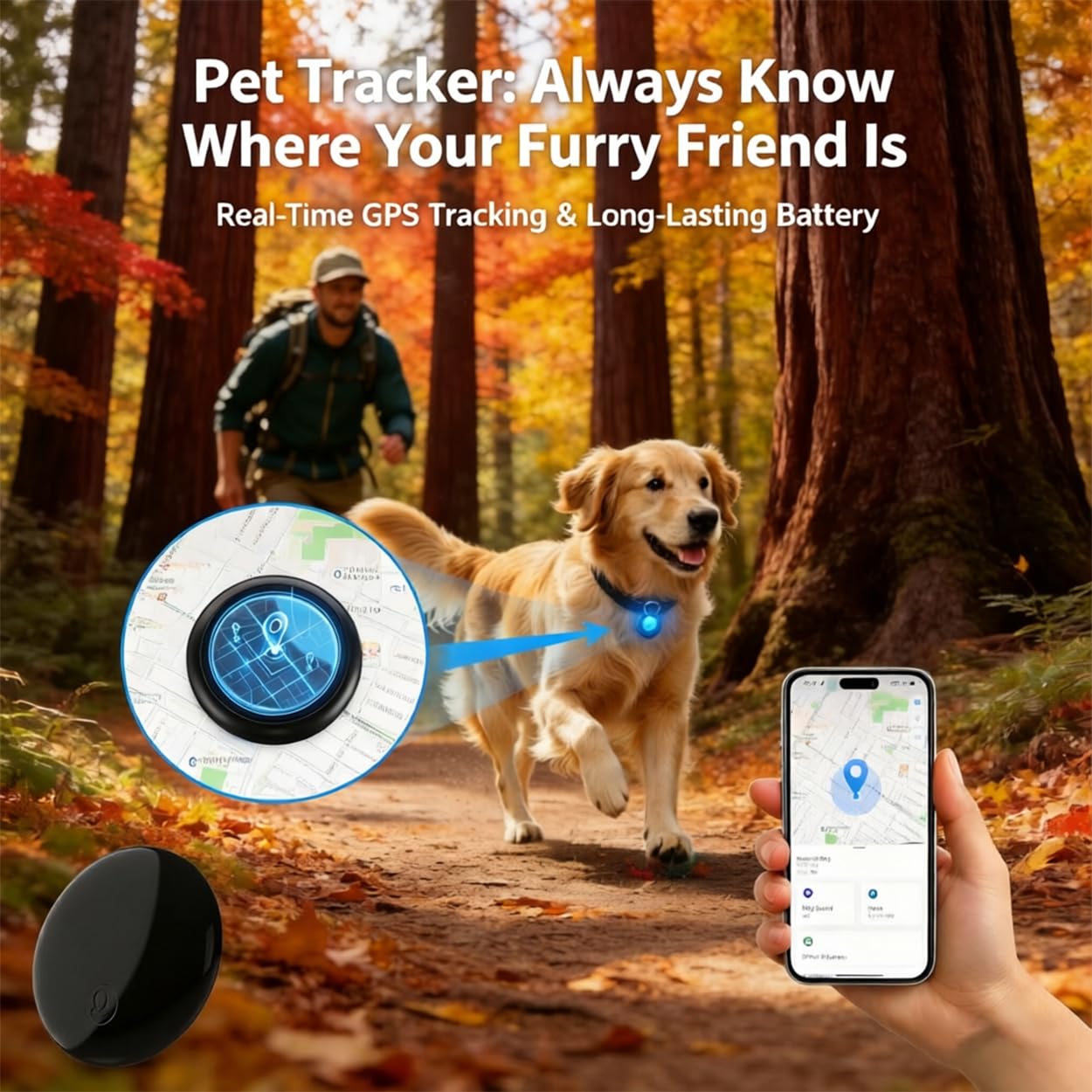 Rastreador GPS para perros y gatos, sin tarifa mensual, sin tarjeta SIM, posicionamiento en tiempo real y alertas inteligentes antipérdida, mini rastreador impermeable a prueba de caídas, batería de