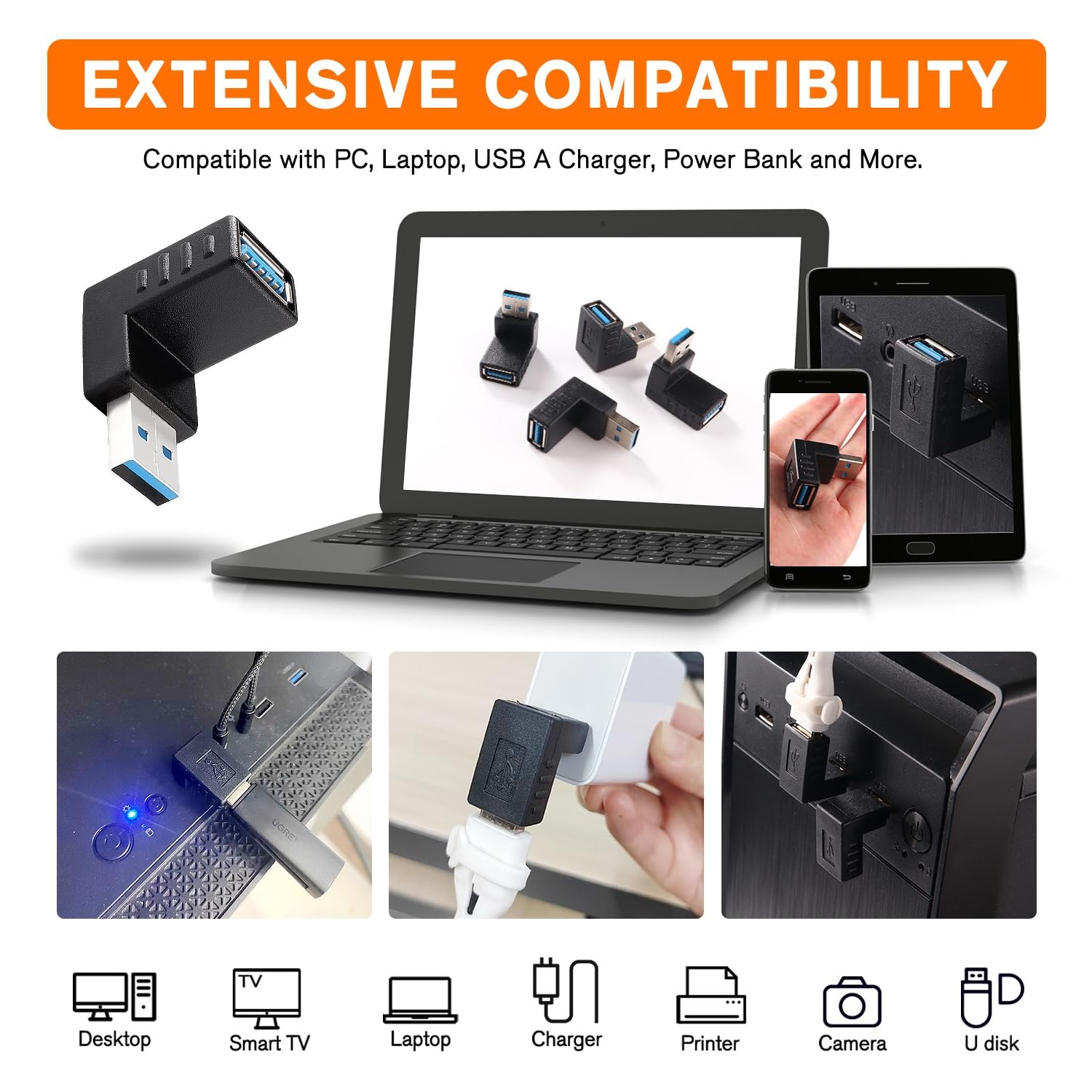 4 Pezzi Adattatore ad Angolo USB 3.0 a 90°, Adattatore USB 3.0 90 Gradi Maschio a Femmina Combo Verticale Verso l'alto e Verso il Basso Connettore, Adattatore Angolare da USB a USB