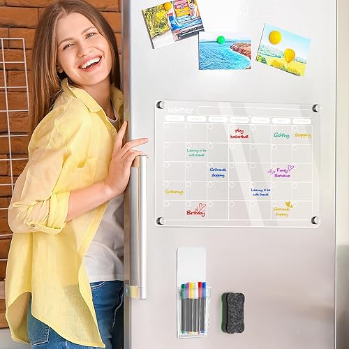 Miniatura 6 de Calendario acrílico magnético para refrigerador, 1 unidad, 16 x 12 pulgadas, mensual reutilizable, pizarra de borrado en seco, calendario
