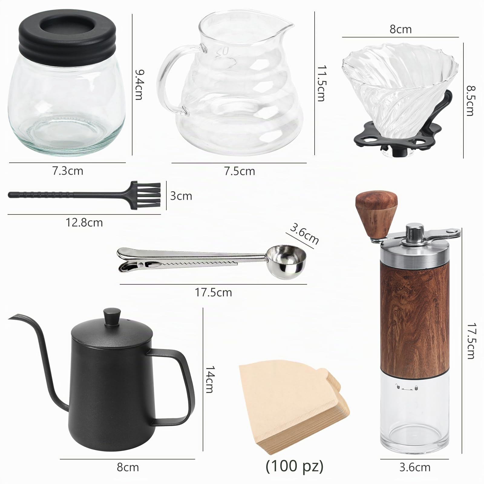 Set di Macinacaffè Manuali da 7 Pezzi,Versare sopra la caffettiera con set di bollitore,Macinacaffe Portatile Professionale,Grado di Rettifica Regolabile,Per l'ufficio domestico (100 filtri)