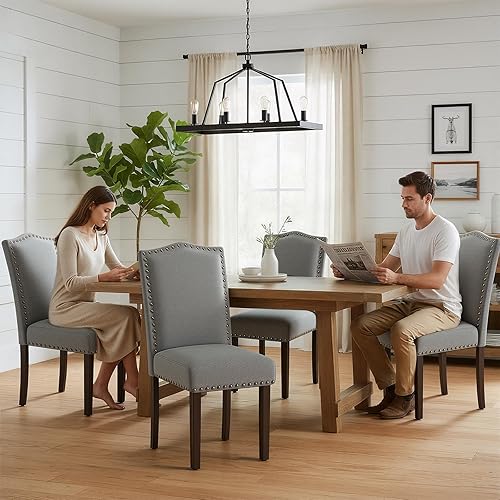 Miniatura 8 de Juego de 4 sillas de comedor Parsons tapizadas suaves y cómodas con cojín de alta densidad y patas de madera maciza, elegante ribete de cabeza de