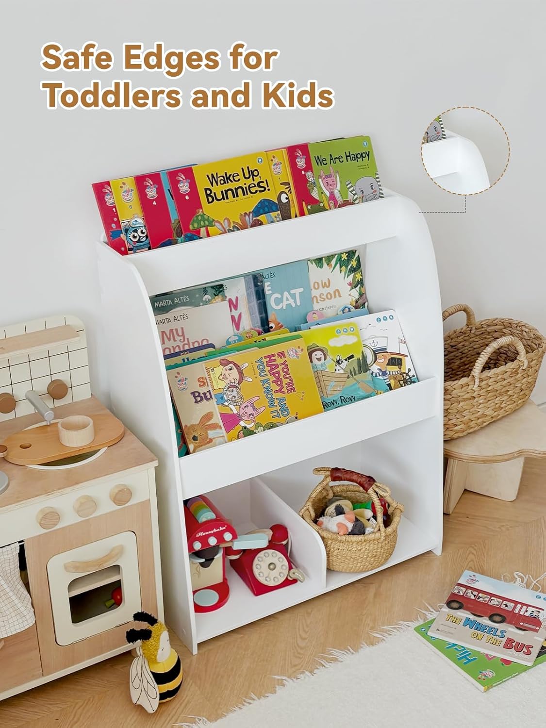 Wooden Kids Bookshelf and Toy Storage, 3-Tier Montessori Book Display Shelf for Toddler Kids Room, Nursery, Playroom, Classroom, White - Image 3