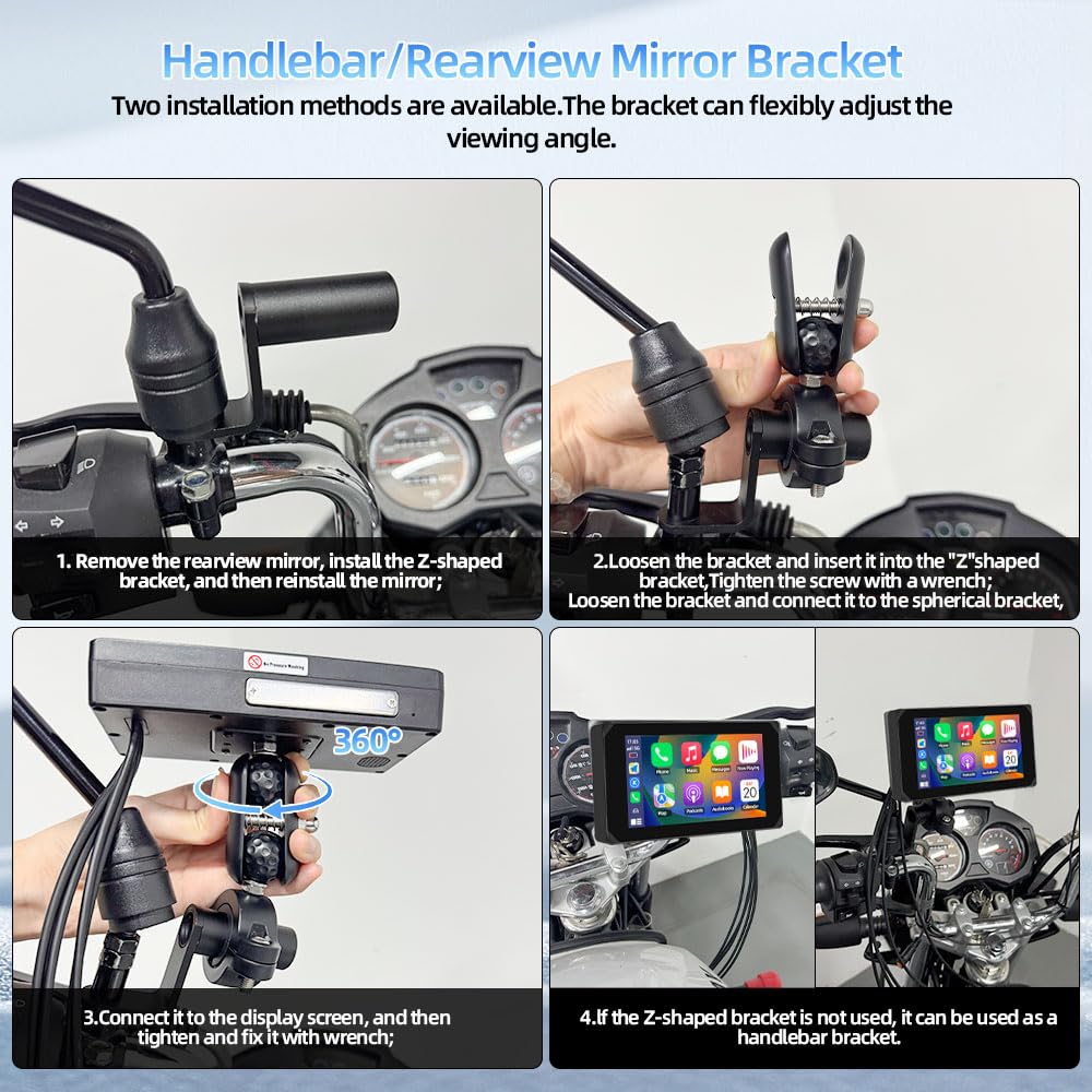 VSYSTO bezprzewodowa kamera samochodowa CarPlay do motocykli z ekranem dotykowym 5", nawigacją GPS, monitorowaniem parkowania, WiFi, przednią i tylną kamerą 1080p oraz czujnikami ciśnienia w oponach