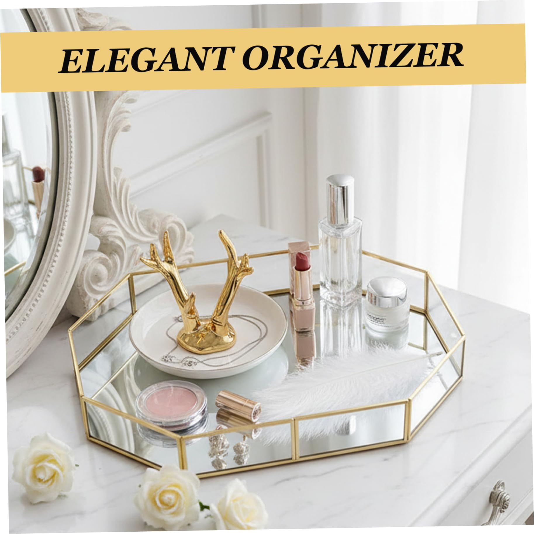 Bandeja geométrica con Espejo, bandejas de Perfume de 12, 4 Pulgadas con Marco Dorado para Almacenamiento de Joyas, Bandeja Decorativa Dorada para baño y Dormitorio.