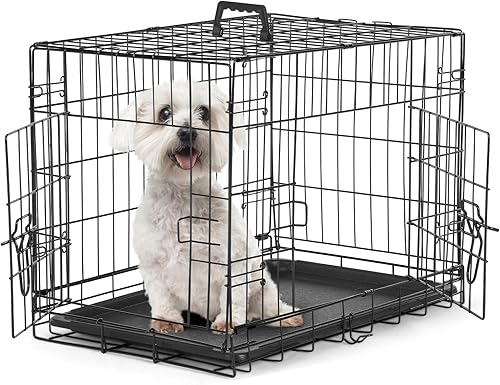 Sweetcrispy Jaula pequeña para perros con panel divisor, jaula plegable de alambre de metal de doble puerta de 24 pulgadas con bandeja de plástico a