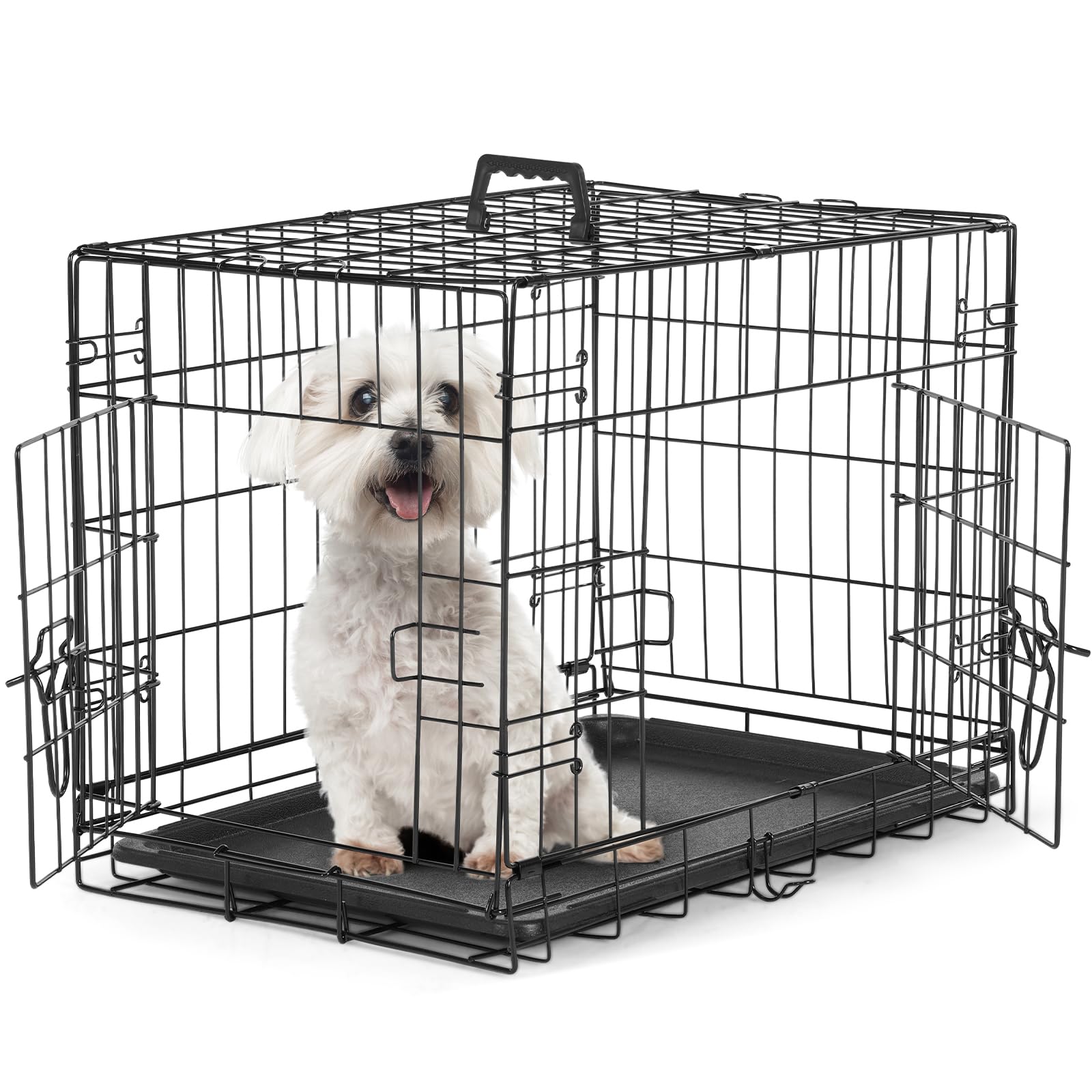 Sweetcrispy Small Dog Crate with Divider Panel,24 Inch Double Door Folding Metal Wire Dog Cage with Plastic Leak-Proof Pan Tray, Pet Kennel for Indoor, Outdoor, Travel