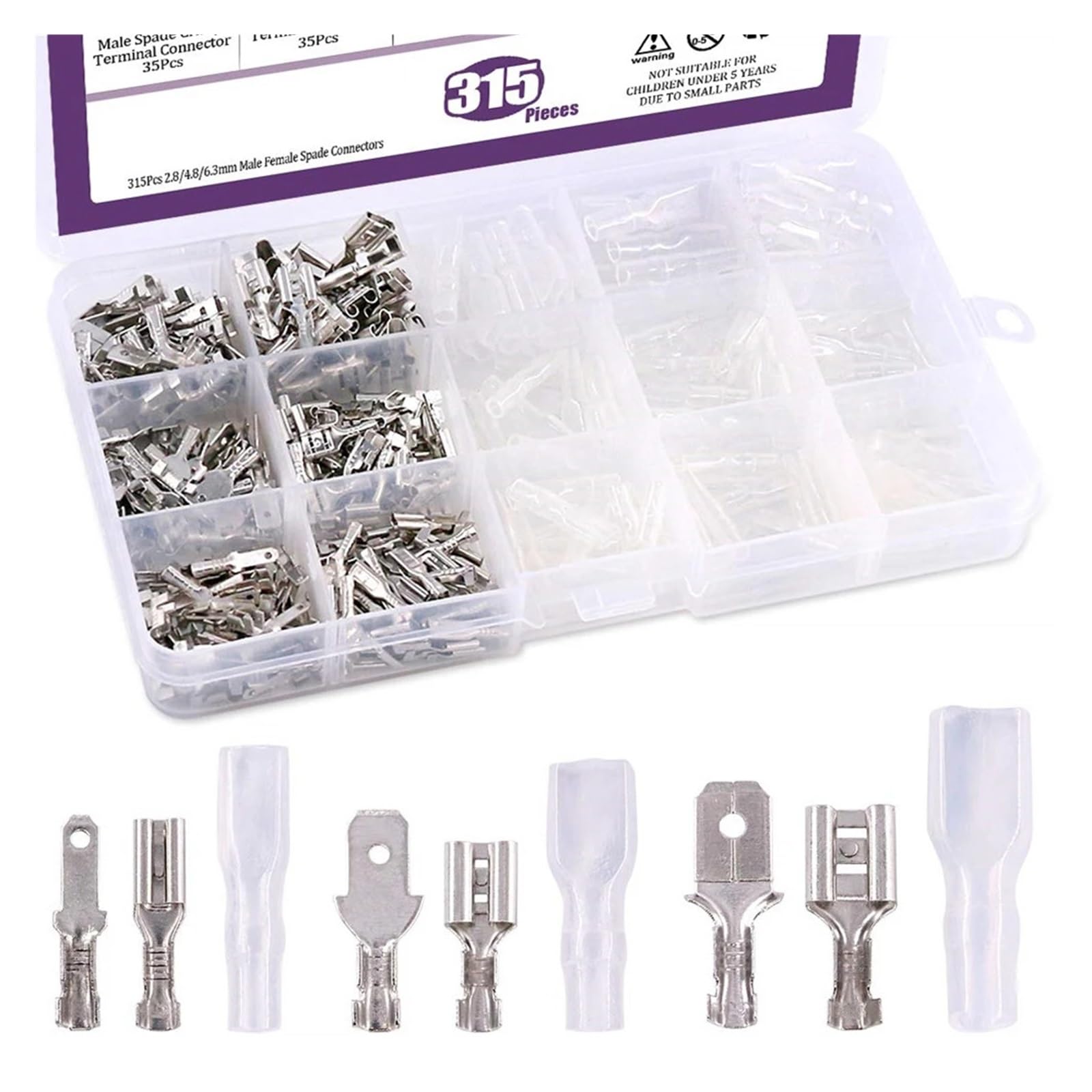 315Pcs 2.8/4.8/6.3mm Male and Female Spade Quick Connectors Wire Crimp Terminal Block with Insulating Sleeve Assortment Kit