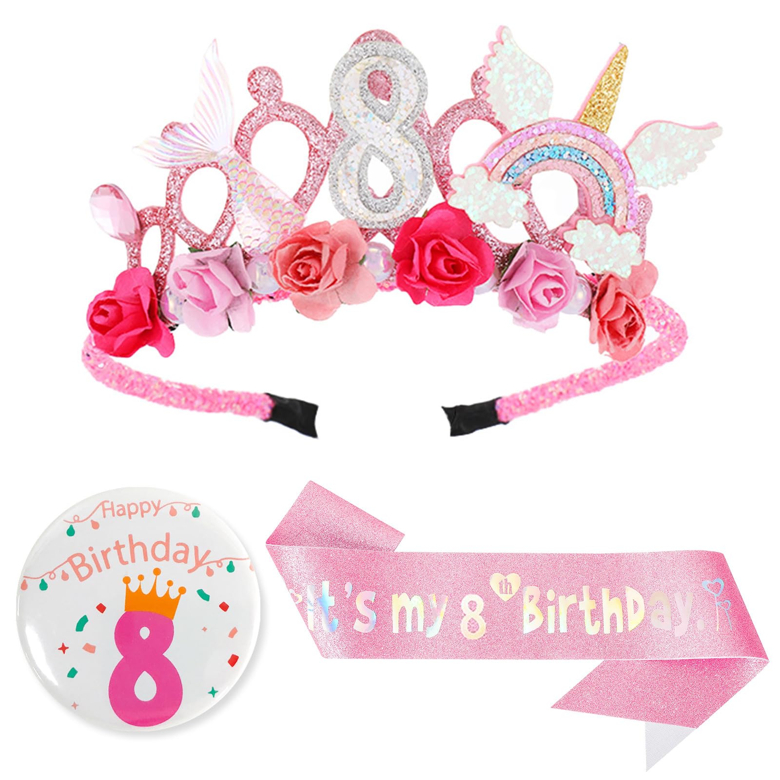 Quorlis Birthday Girl Headband - Birthday Decorations for Girl, Princess Crown Headband, Glitter Sash & Badge Set, Floral Hair Band, Pink Party Tiara Accessories, C