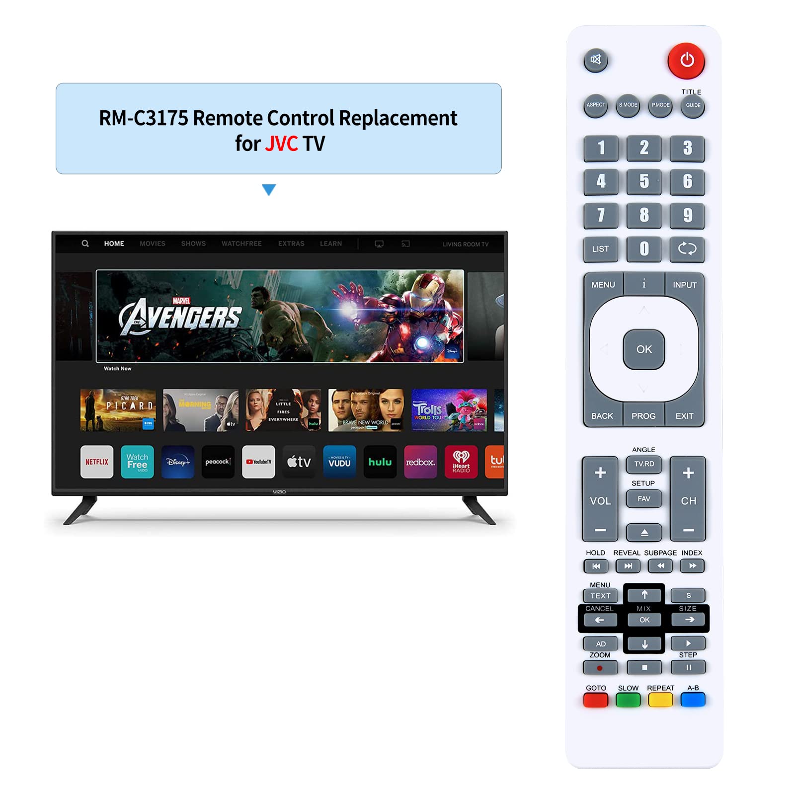 TCNOUMT Replacement Remote Control RM-C3175 fit for JVC TV LT-24C340 LT-24C490 LT-22C540 LT-40C540 LT-22K560 LT-40C590 LT-42K560 LT-48C570 - Image 2