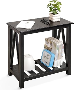 Narrow Side Table with Storage Shelf 2 Tier Wooden Nightstand Bedside Tables for Small Spaces Black Modern Accent Sofa Side Tables for Couch Living Room Bedroom Entryway
