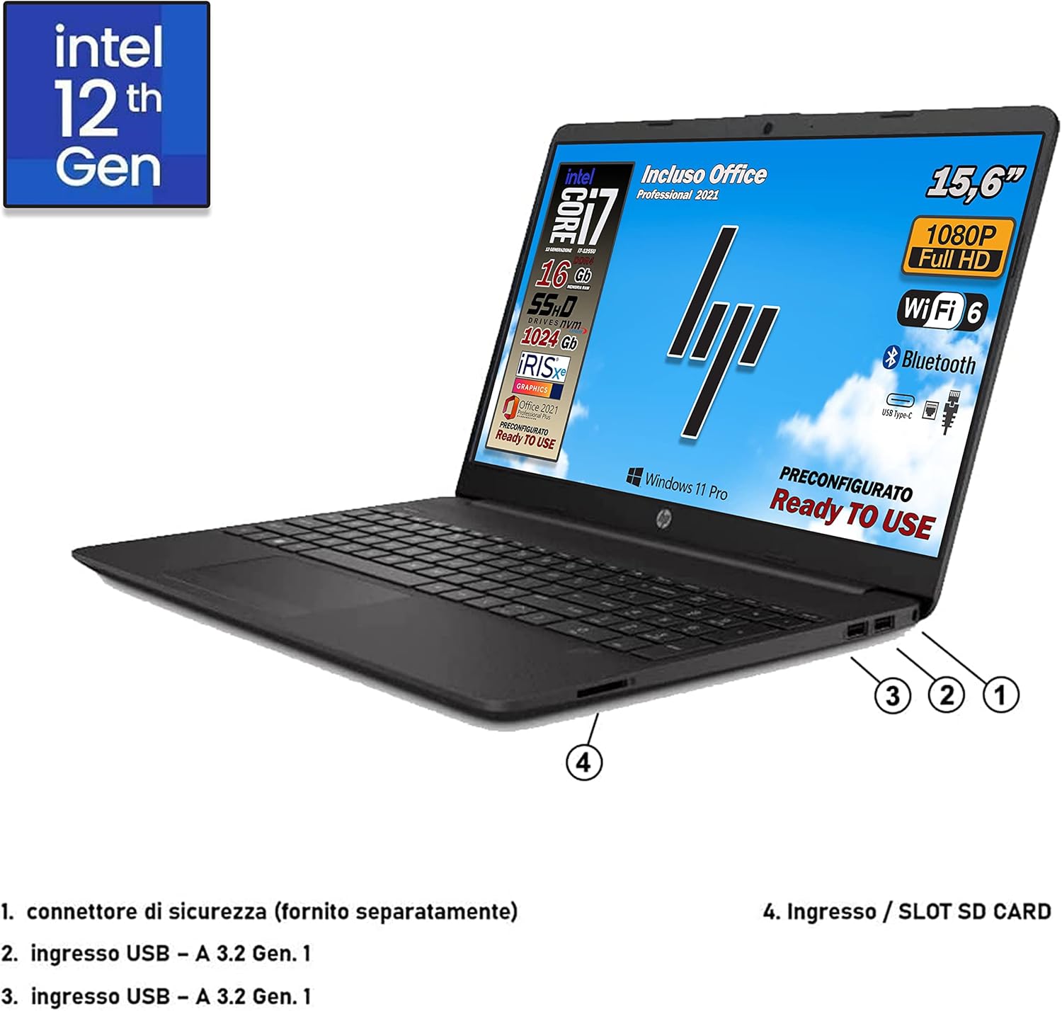 HP 250 G9, Pc portatile notebook, Intel Core i7 12Th, 10 cORe, Ram 16Gb, SSD 512Gb + HDD 500 Gb, Display 15.6 Full HD, Win 11 Pro, Pacchetto Office 2021, portatile pronto alluso, Garanzia Italia