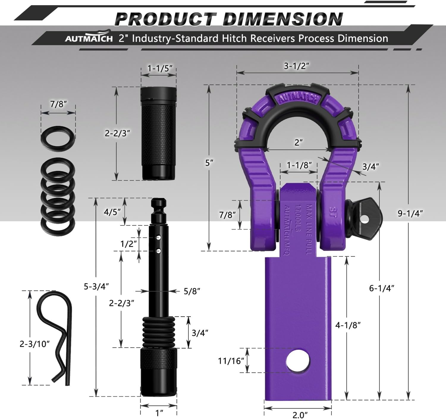 AUTMATCH Kinetic Recovery Tow Rope 1" x 20FT with Shackle Hitch Receiver 2 Inch, Heavy Duty Offroad Snatch Strap 48000Lbs for 4x4 Off-Road Vehicle, Truck, Trailer, ATV, UTV, Purple