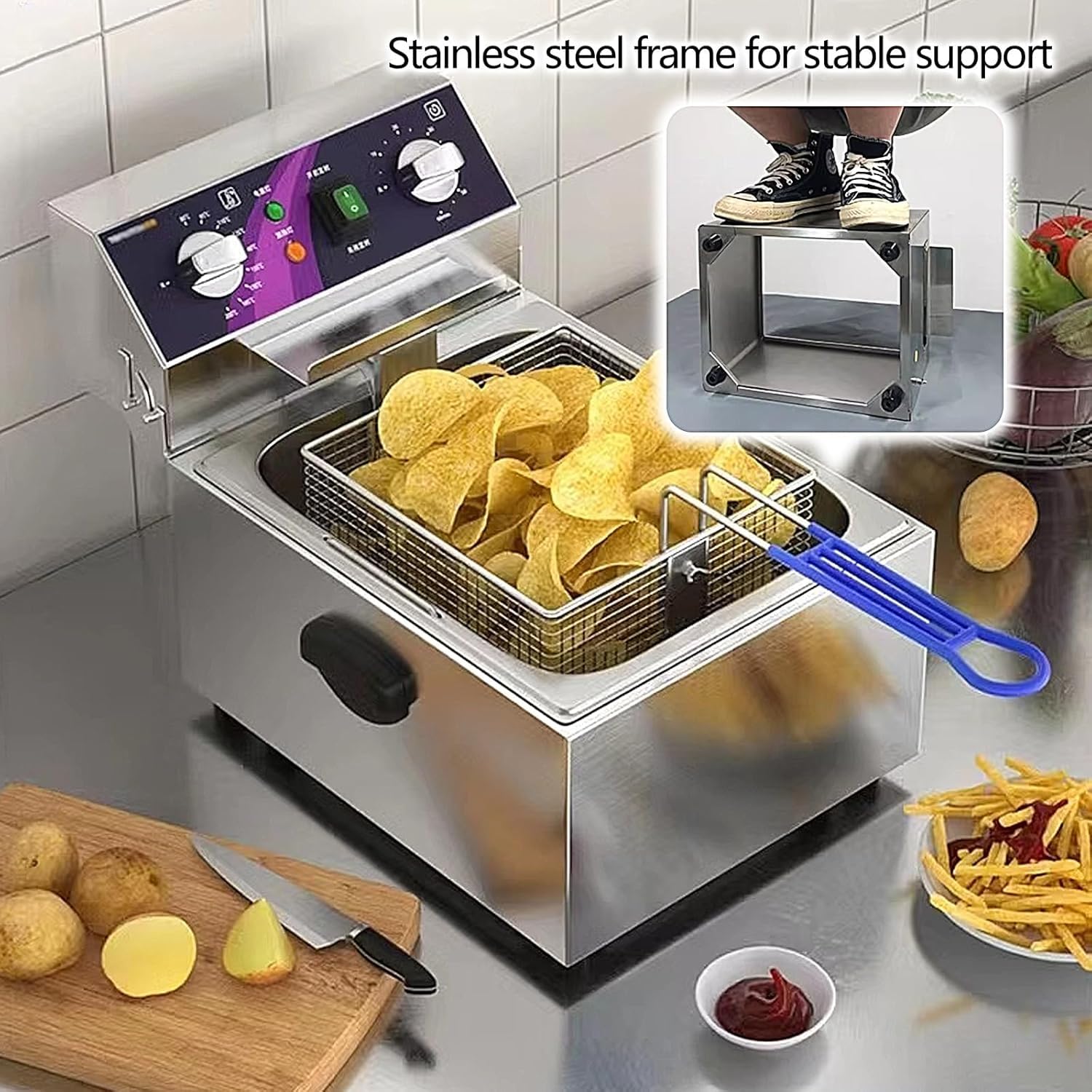 Friggitrice elettrica con Timer Regolabile e Controllo della Temperatura, Ideale per Uso Domestico e Commerciale, Perfetta per Patatine Fritte croccanti, Pollo, PE,28 * 44 * 31.5cm