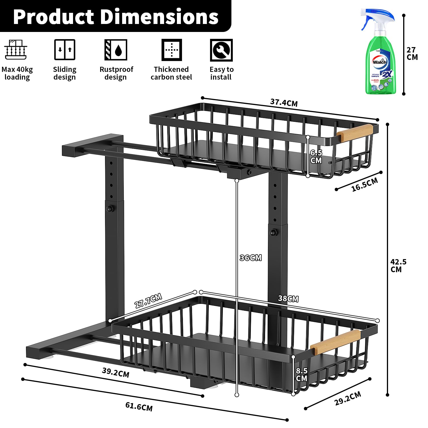 Organizador Bajo Fregadero 2 Niveles con Cajones Deslizantes 42.5cm Altura Regulable Estante Almacenamiento Debajo Fregadero Organizador Cocina Multifuncional Forma de L para Cocina, Baño