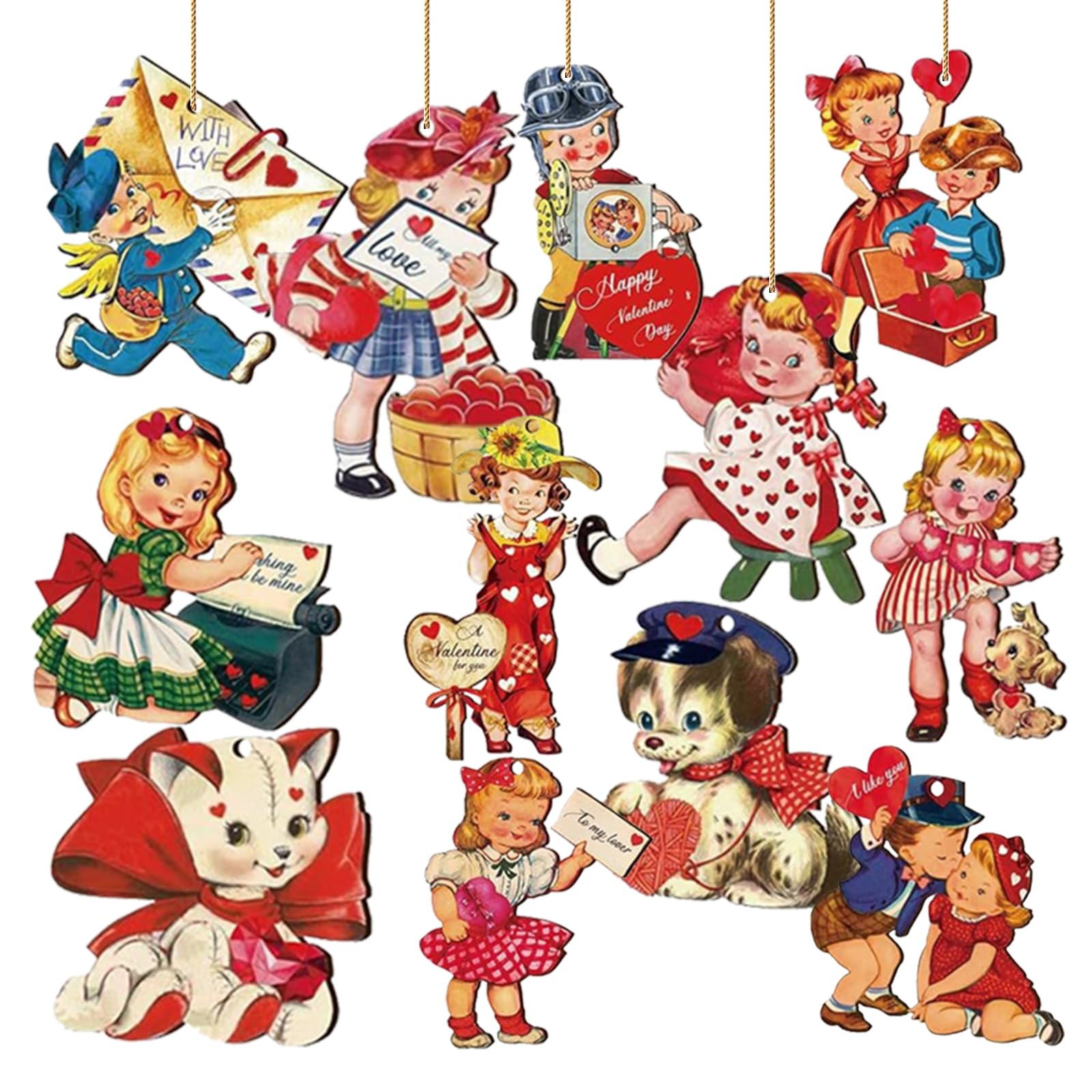 Wooden Vintage Valentines Day Hanging Ornament, 24 Pcs Ornaments for Valentine Tree Decorations, Cute Style Decor Party Favors Class Exchange Gifts