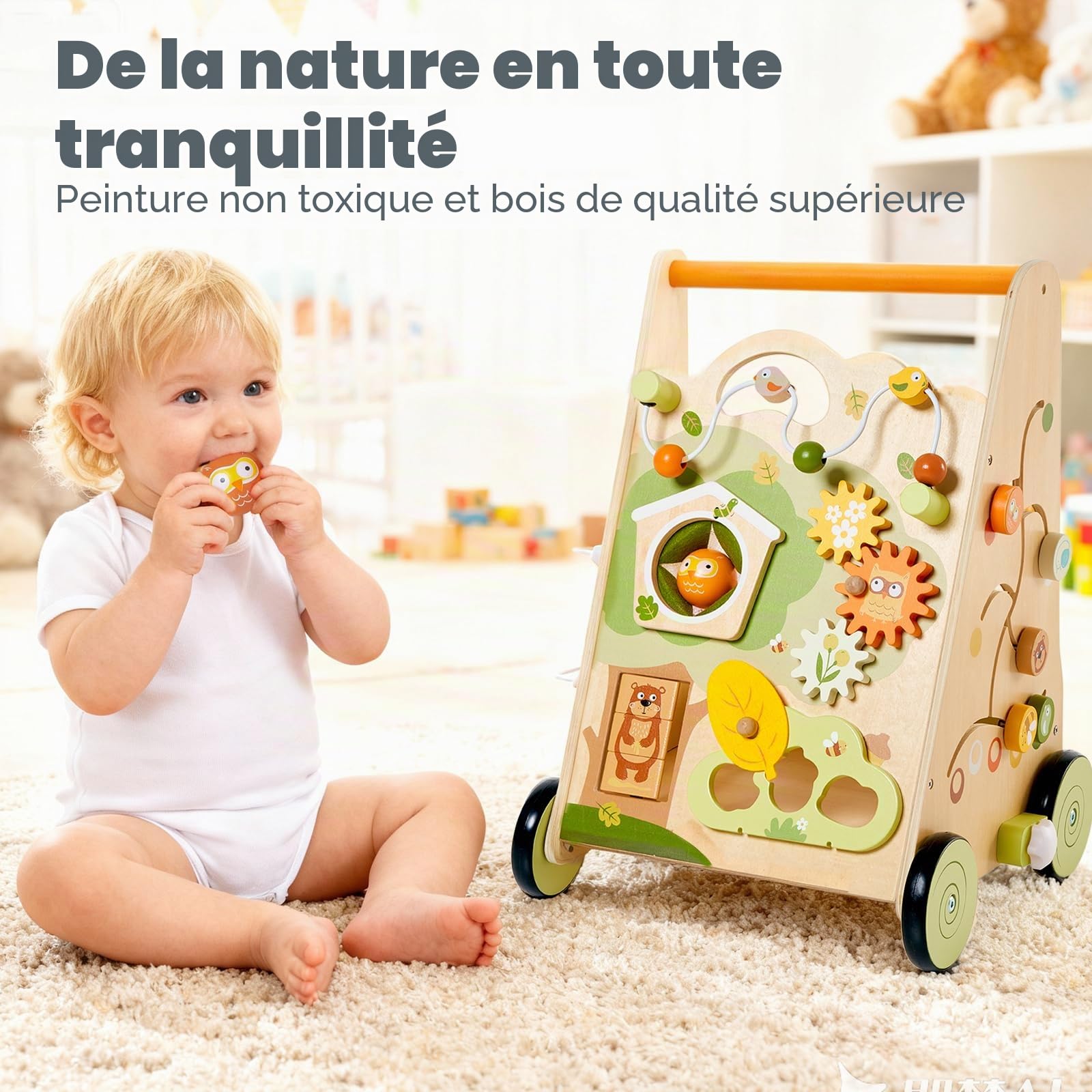 Trottinette bébé en bois multicolore – Aide au jeu et à la marche avec centre d'activités 8 en 1, vitesse réglable et roues antidérapantes pour enfants à partir de 1 an (design hibou)