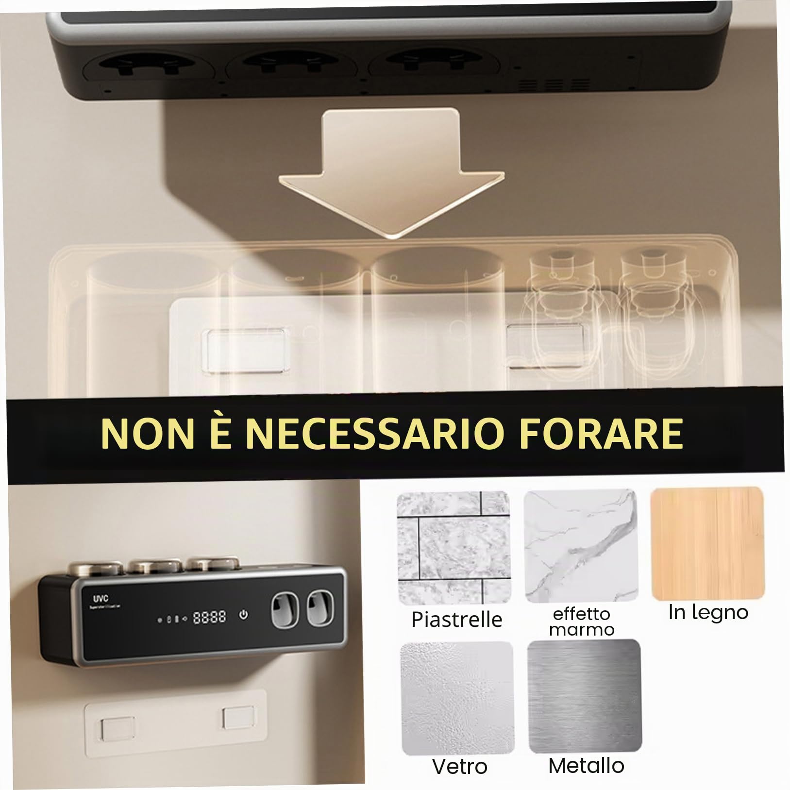 Portaspazzolino intelligente da parete con dispenser automatico di dentifricio UV, organizer per spazzolini elettrici con funzione di asciugatura, nero