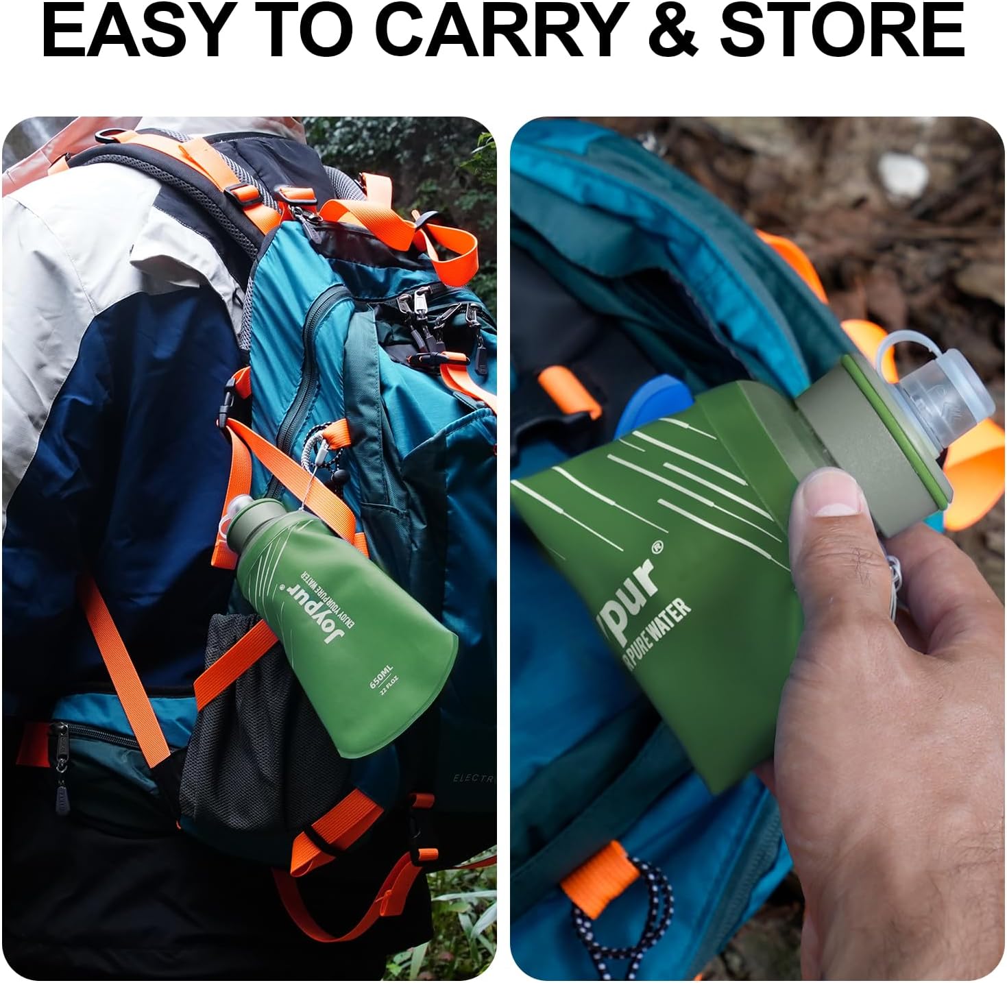 Water Filter Survival - Collapsible Water Bottle with Filter 0.01 Micron Squeeze Filtered Water Bottle 22oz for Hiking Backpacking Camping BPA-Free(Green 650ml)