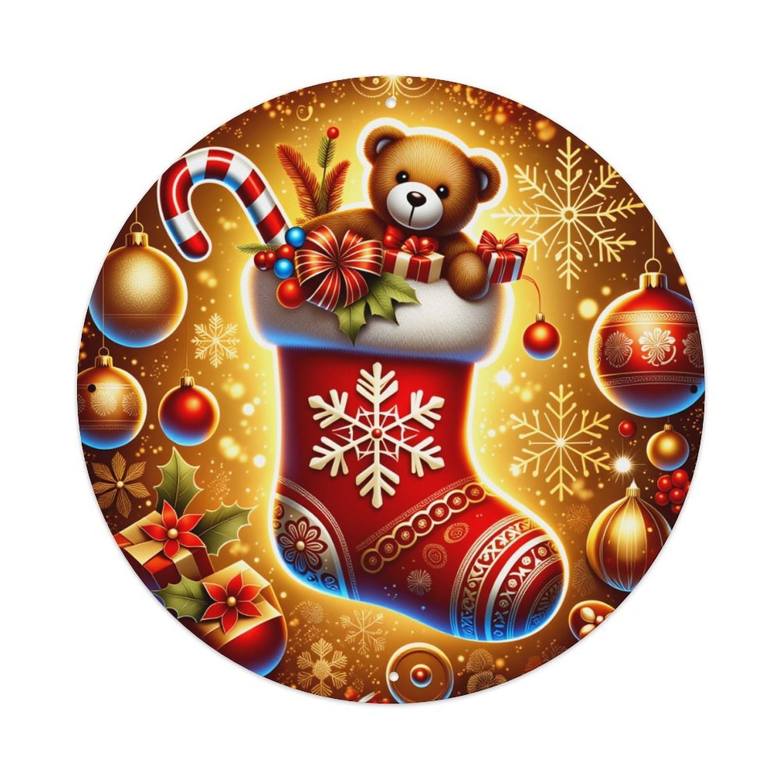Lzwbntey Vintage Christmas Stocking Bear Ornaments Snowflake Metal Tin Sign Retro Wall Decor For Home Bar Garage Cafe, Indoor & Outdoor Decorative，Circle Metal Poster, 8X8 Inch
