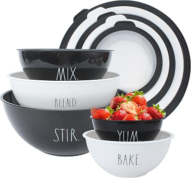 Rae Dunn Mixing Bowls with Lids - 10 Piece Plastic Nesting Bowls Set includes 5 Prep Bowls and 5 Lids Black
