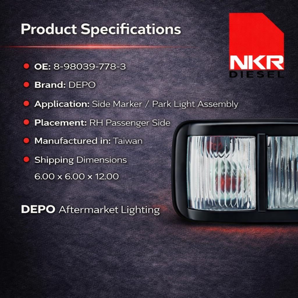 Truck Side Marker Park Light | RH Passenger Side Marker Lamp | for Isuzu NPR, NQR, NPR-HD, NRR | 2008–2016