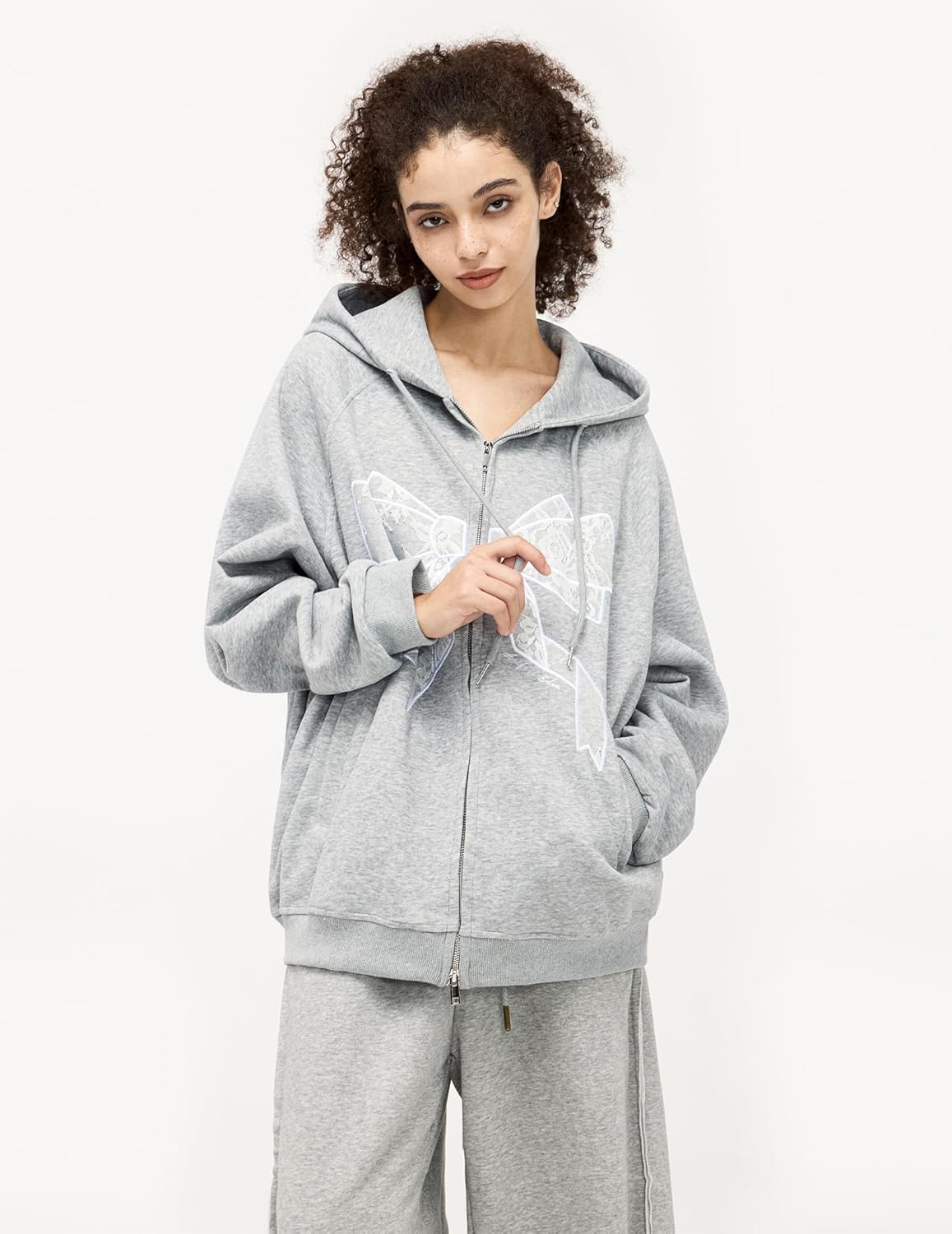 Aelfric Eden Womens Lace Bow Zip Up Hoodies Embroidery Graphic Print Hooded Y2K Fashion Oversized Casual Sweatshirts Jackets - Image 3