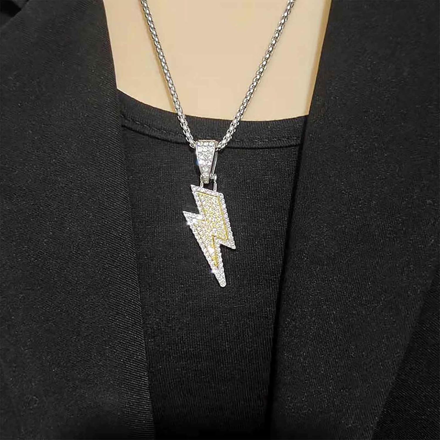 Boho Crystal Lightning Bolt Necklace Cz Lightning Pendent Necklace Silver Italian Chain Choker Necklace Thunder Necklace Thunderbolt Chain Necklace Jewelry for Women - Image 2