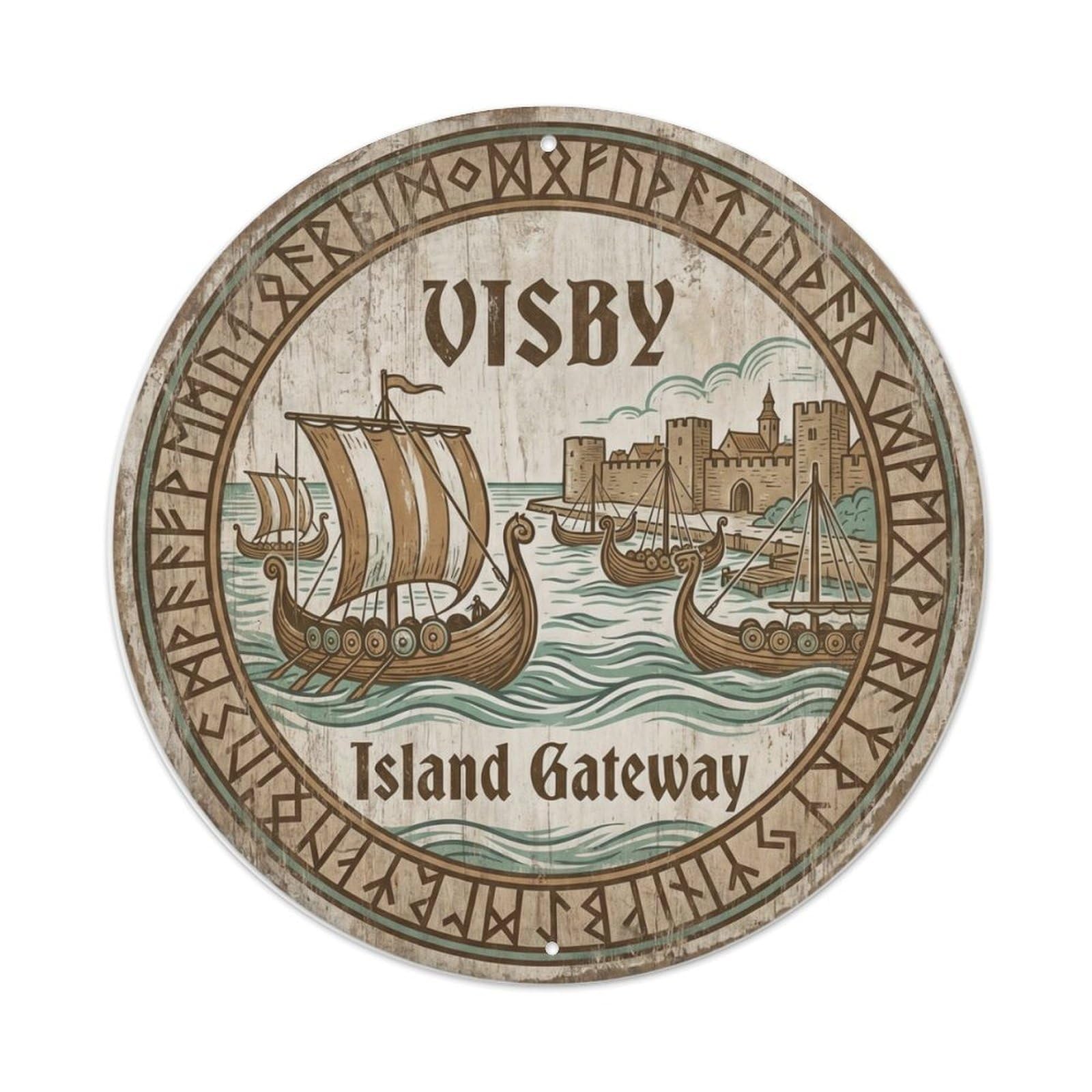 Vintage Travel Visby Sweden Harbor Metal Tin Sign Plaque Wall Decor for Cafe, Club Bar, Office, Home Garden Round Metal Poster 8x8Inch