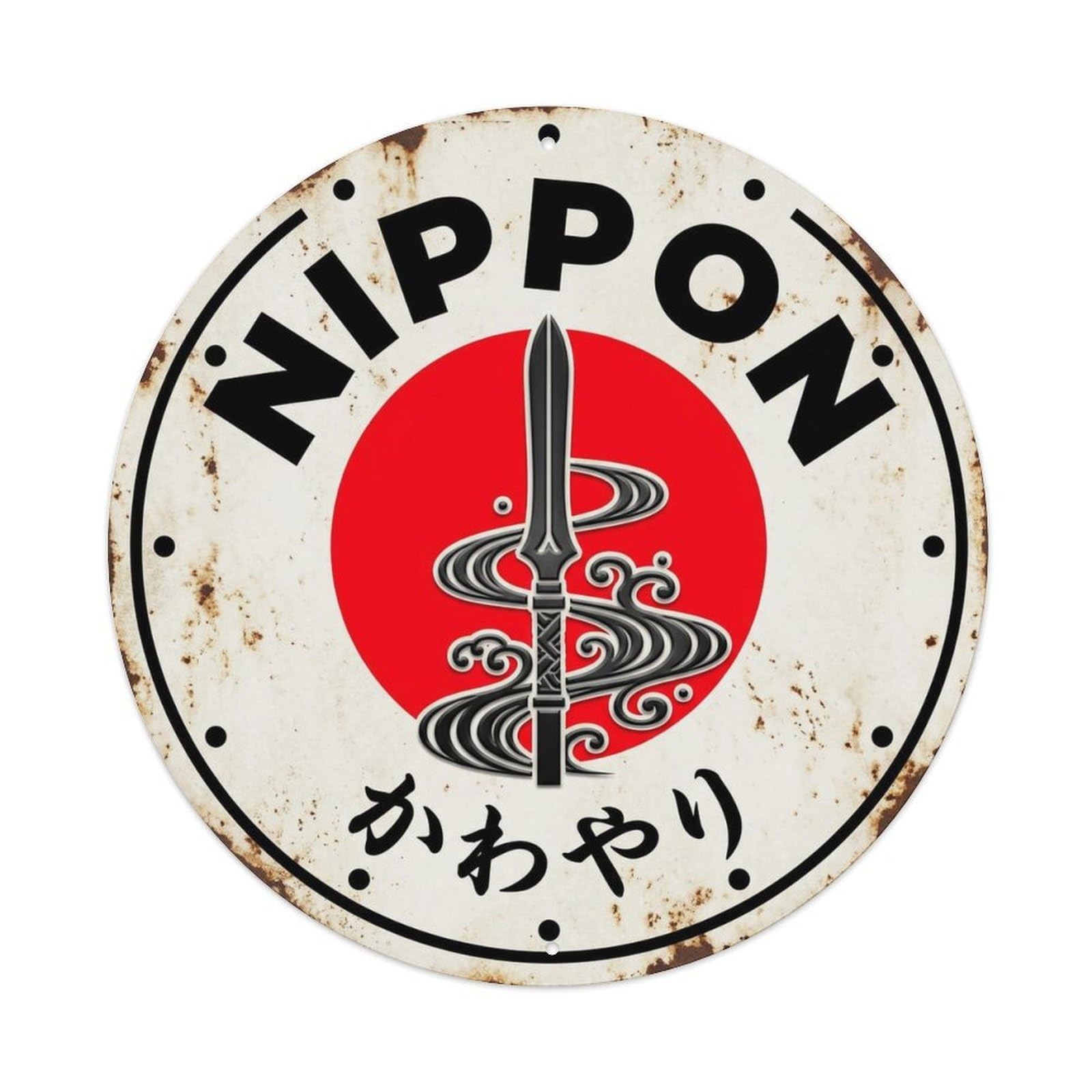 River Spear Nippon Flowing Water Aged Heritage Token Metal Tin Sign Plaque Wall Decor for Cafe, Man Cave, Club Bar, Office, Home Garden Round Metal Poster 8x8Inch